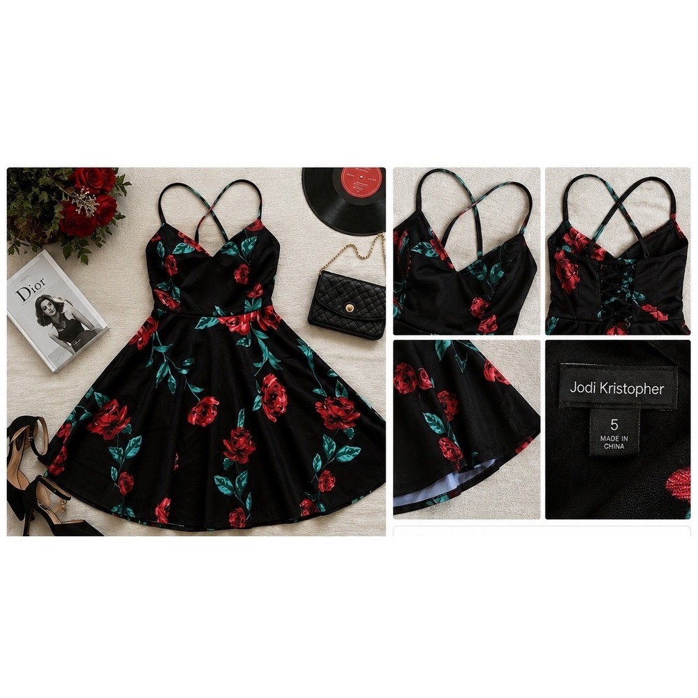 Jodi Kristopher Floral Skater‎ Dress Womens 5 Black Red Lace Back Fit Flare